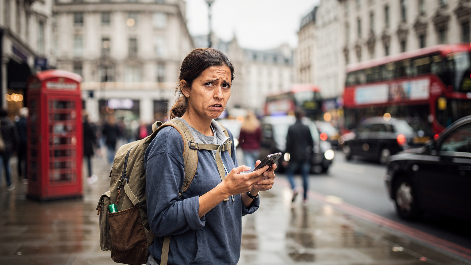 Londra'nın yoğun sokaklarında, telefonunda navigasyonu kontrol eden bir gezgin.