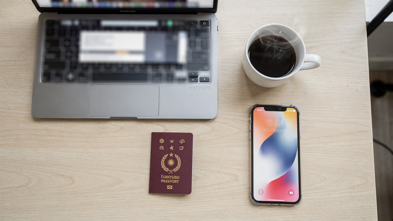 Bir dijital göçebenin çalışma masası: açık bir dizüstü bilgisayar, bir kahve kupası, bir pasaport ve üzerinde Cellesim logosu bulunan bir telefon.