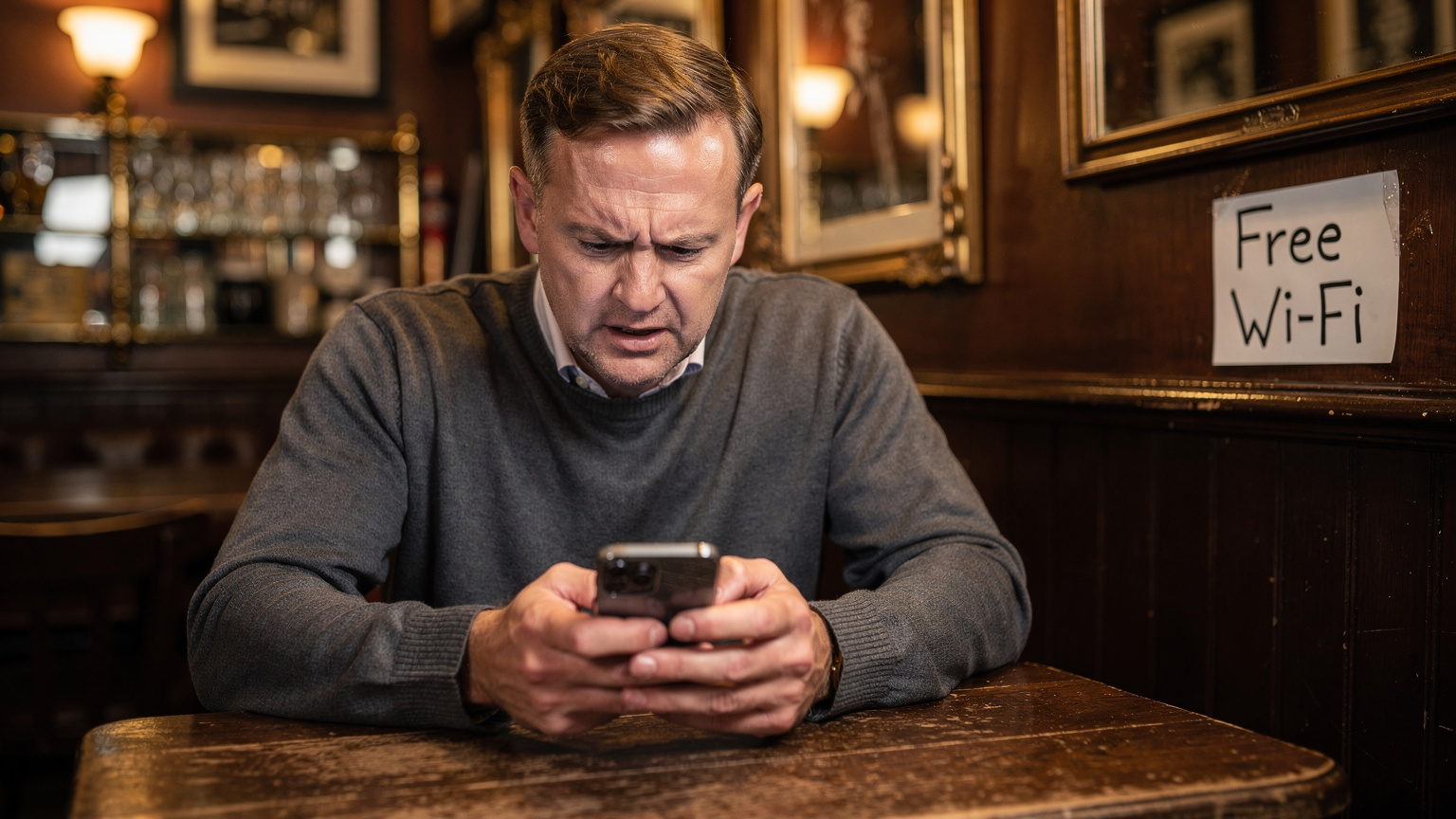 Geleneksel bir Londra pub'ında, Wi-Fi işaretinin yanında telefonundaki bağlantı ayarlarını kontrol eden bir gezgin.