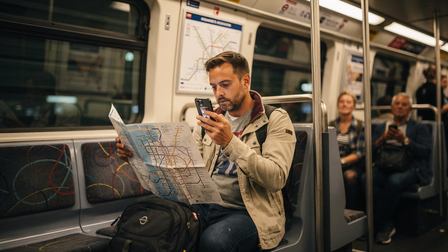 Londra metrosunda, elindeki harita ve telefonundaki eSIM kurulum rehberine odaklanmış bir gezgin.