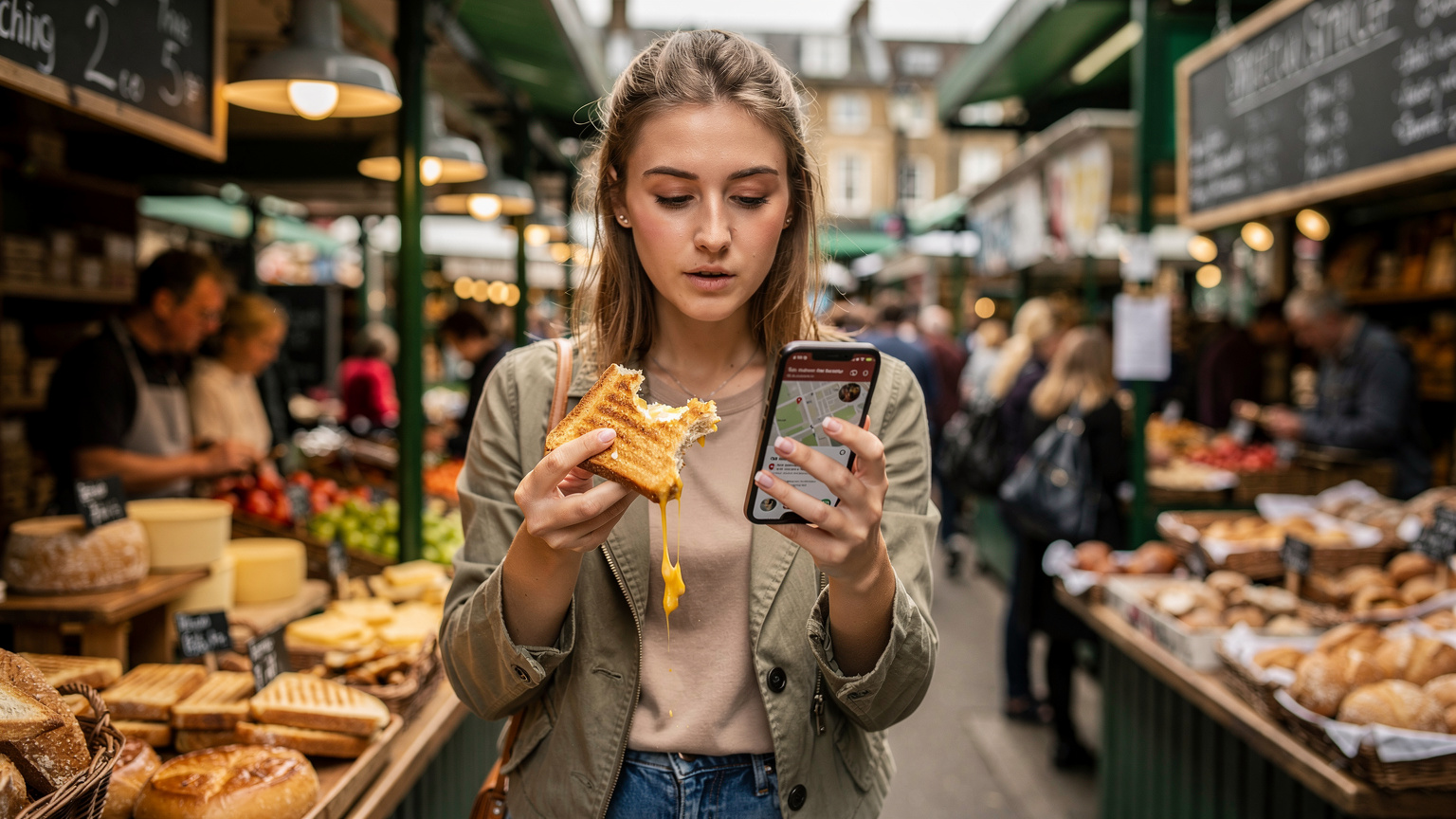 Londra'nın canlı Borough Market'ında, yerel lezzetleri denerken telefonundaki navigasyona bakan bir gezgin.