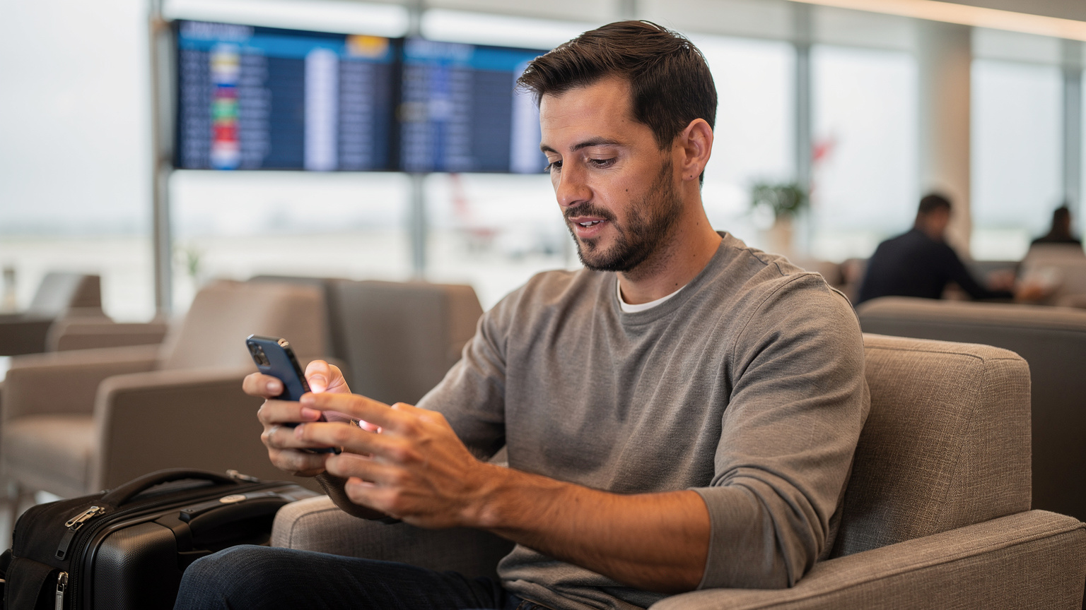 Путешественник с телефоном в руке, сосредоточенно сканирующий QR-код eSIM перед вылетом, сидя в аэропорту, на фоне размытого табло рейсов.