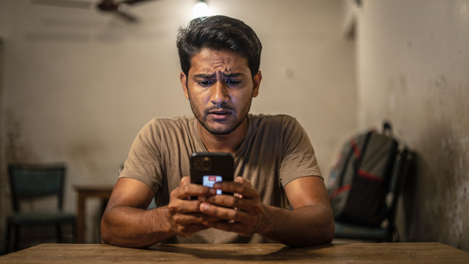 एक व्यक्ति अपने स्मार्टफोन पर एक नोटिफिकेशन को देखकर थोड़ा चिंतित है, जिसमें eSIM सक्रियण में समस्या का संकेत है।