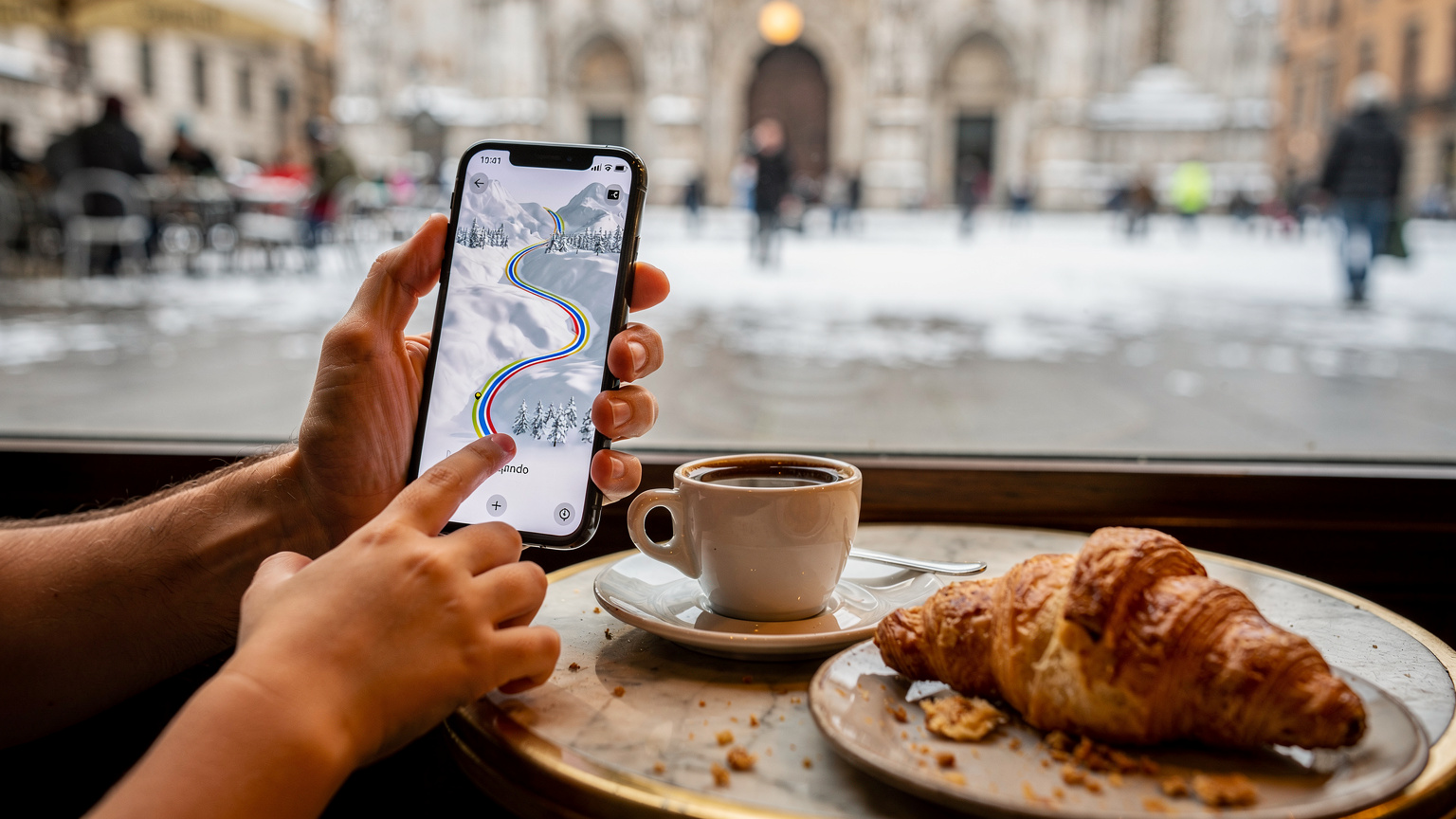 Ένα ζευγάρι χέρια κρατά ένα smartphone, δείχνοντας μια εφαρμογή χαρτών με διαδρομές σε ένα χιονισμένο τοπίο της Ιταλίας, με φόντο έναν ιταλικό καφέ.