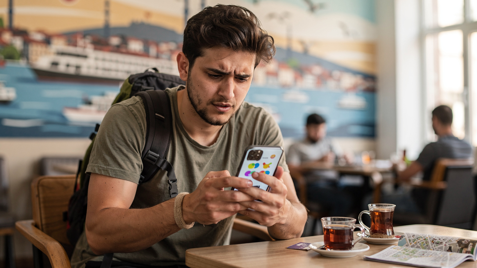 Ein Reisender hält sein Smartphone mit einer geöffneten eSIM-App in der Hand, um die verbleibenden Daten in einem Hostel in Kadıköy, Istanbul, zu überprüfen.