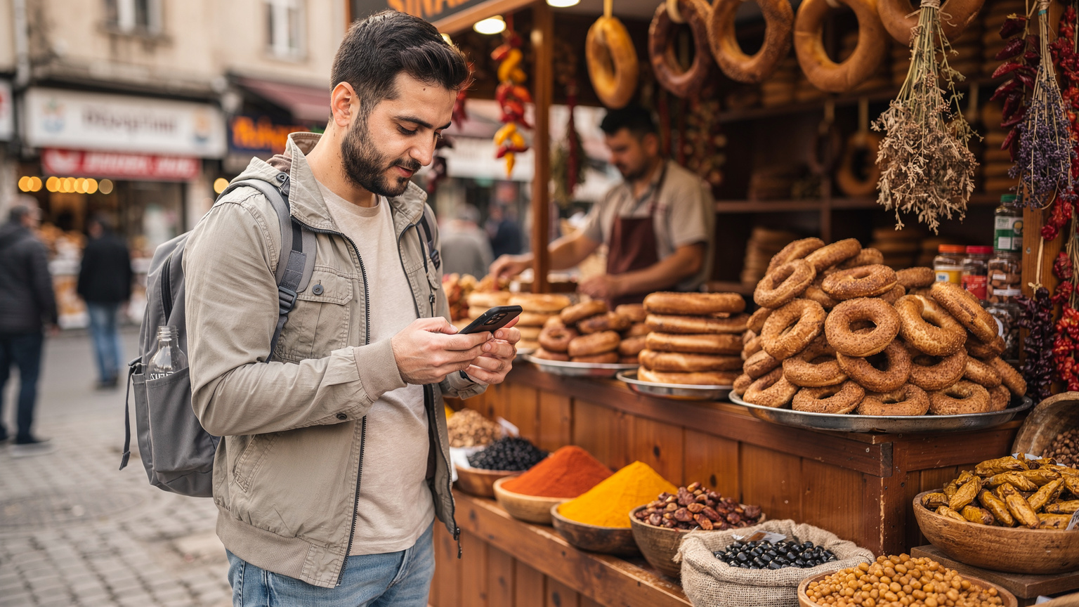 Ein Reisender, der mit einer mobilen App eine Bestellung für Streetfood aufgibt, während er vor einem geschäftigen Simit-Stand in einem Markt in Ankara, Türkei, steht.