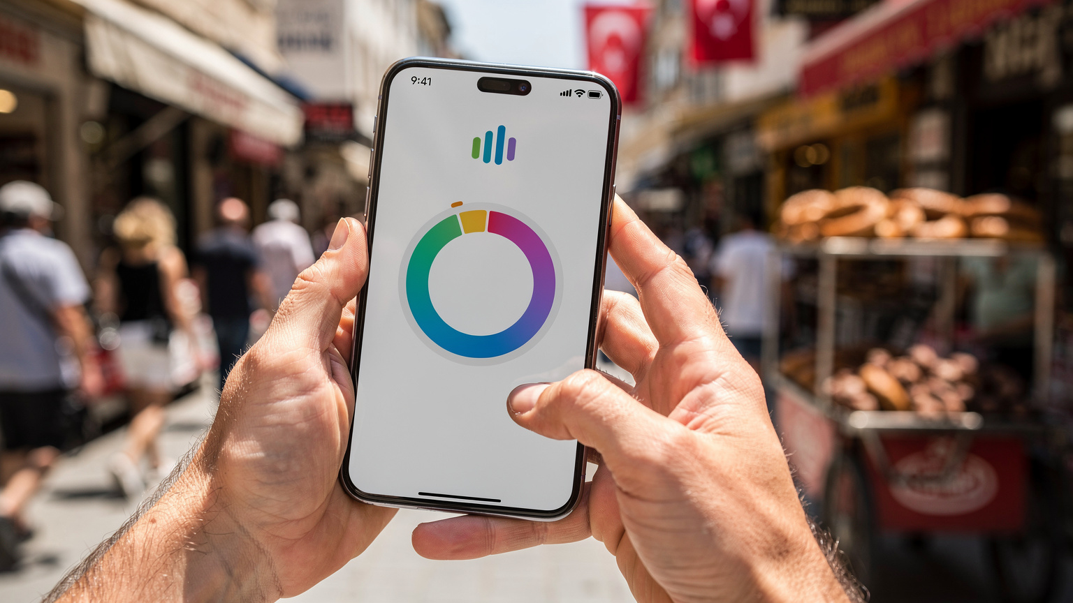 Eine Nahaufnahme von Händen, die ein Smartphone halten, auf dem ein Balken mit dem Netzsignal und der Geschwindigkeit in einer belebten Einkaufsstraße in Izmir, Türkei, angezeigt wird.