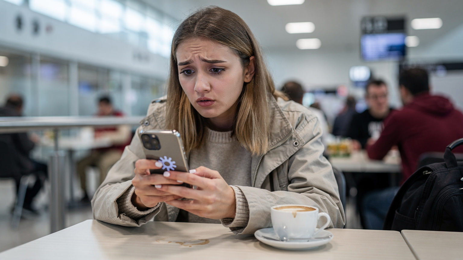 Eine junge Frau sitzt mit besorgtem Ausdruck an einem Tisch in einem Flughafencafé in Istanbul, schaut auf ihr Smartphone, das eine Fehlermeldung anzeigt, während ihr unberührter Kaffee daneben steht.
