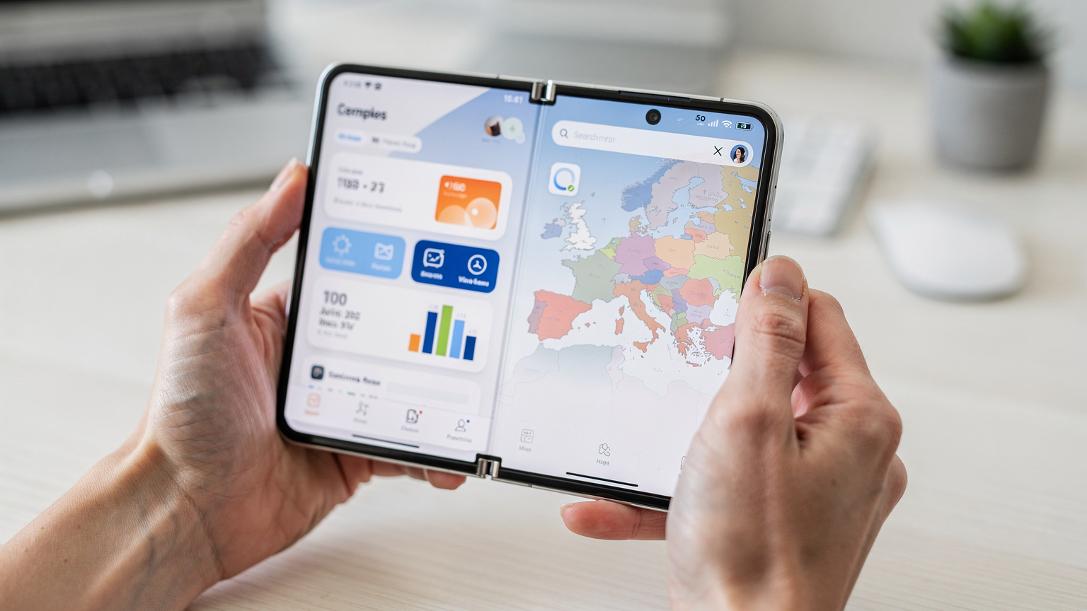 Blízky záber na ruky držiace otvorený Samsung Galaxy Z Fold 8, na ktorého obrazovke je aplikácia Cellesim s mapou Európy a prehľadom dátového plánu pre viacero krajín.