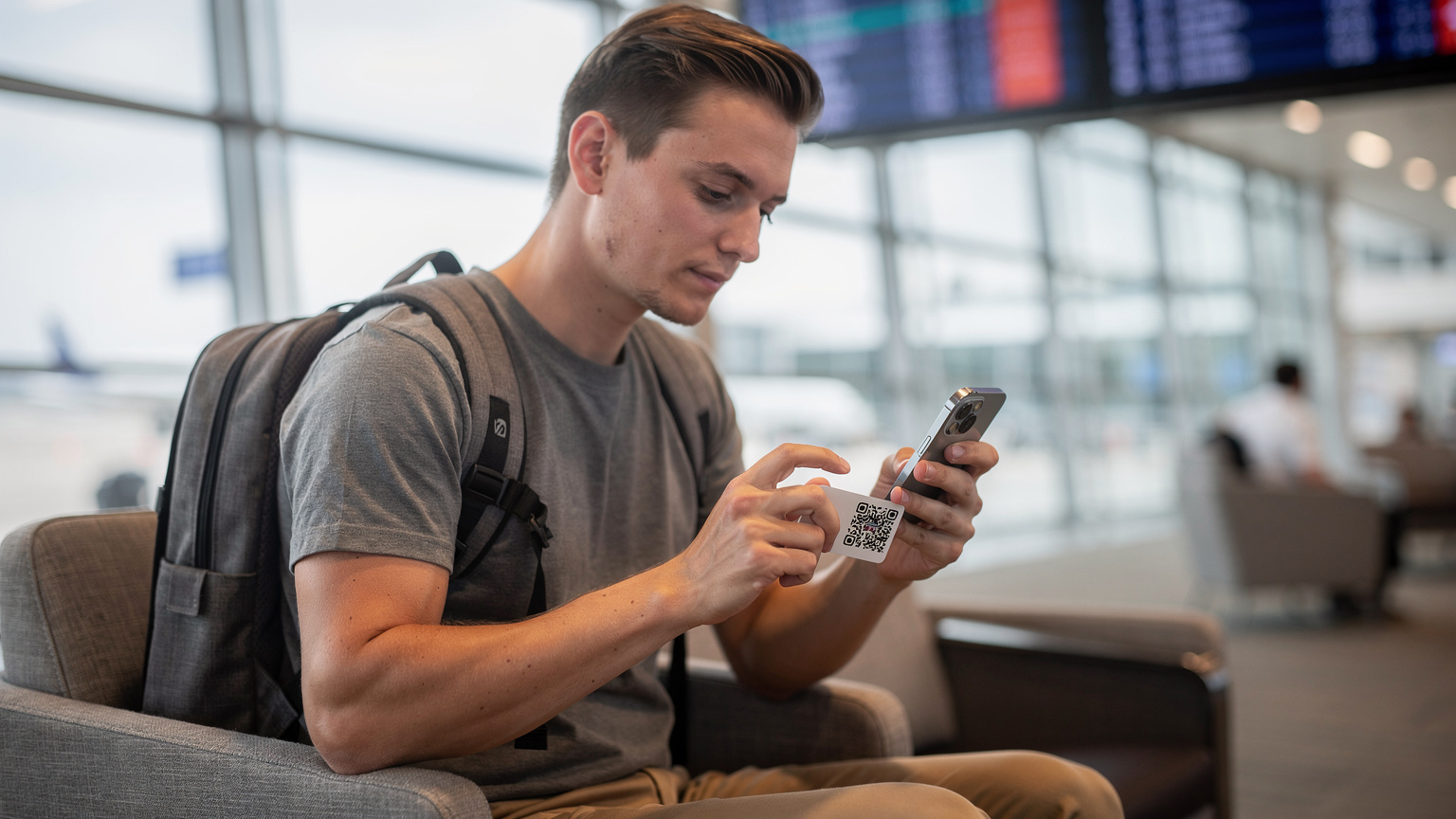 Un hombre joven con una mochila, concentrado en escanear un código QR en su iPhone 17 para activar su eSIM, mientras está sentado en una sala de espera moderna del aeropuerto de Schiphol, Ámsterdam, con los letreros de vuelos de fondo.