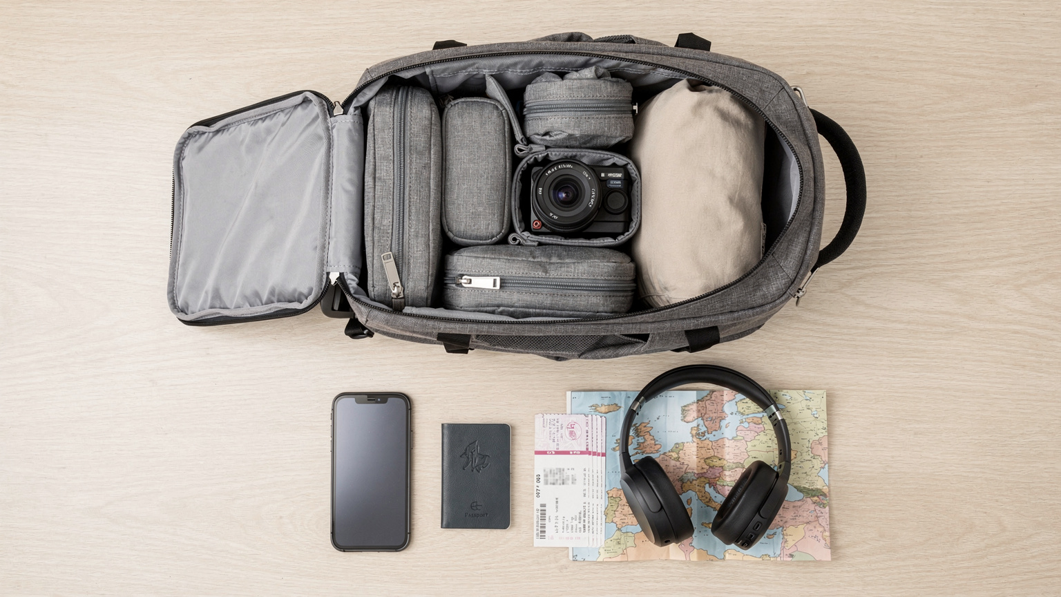 Vista aérea de una mochila de viaje abierta con un iPhone 17 en primer plano, junto a un pasaporte, billetes de avión, auriculares y un mapa físico de Europa, todo ordenado para un viaje.