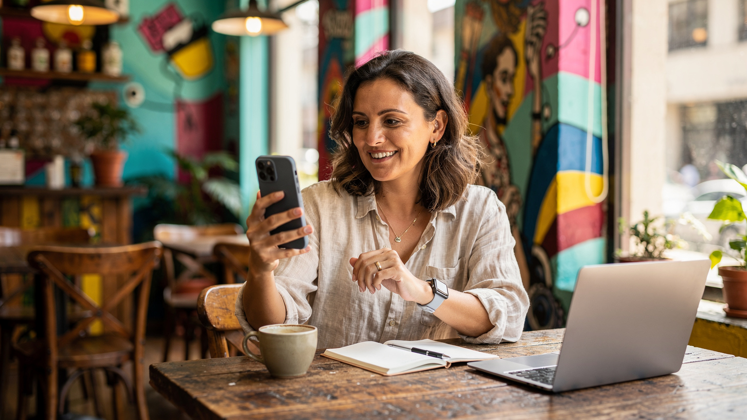 Un nómada digital sonriente y relajado en una videollamada desde su iPhone 17 en una animada cafetería del barrio de Barranco en Lima, Perú, con arte mural colorido de fondo.