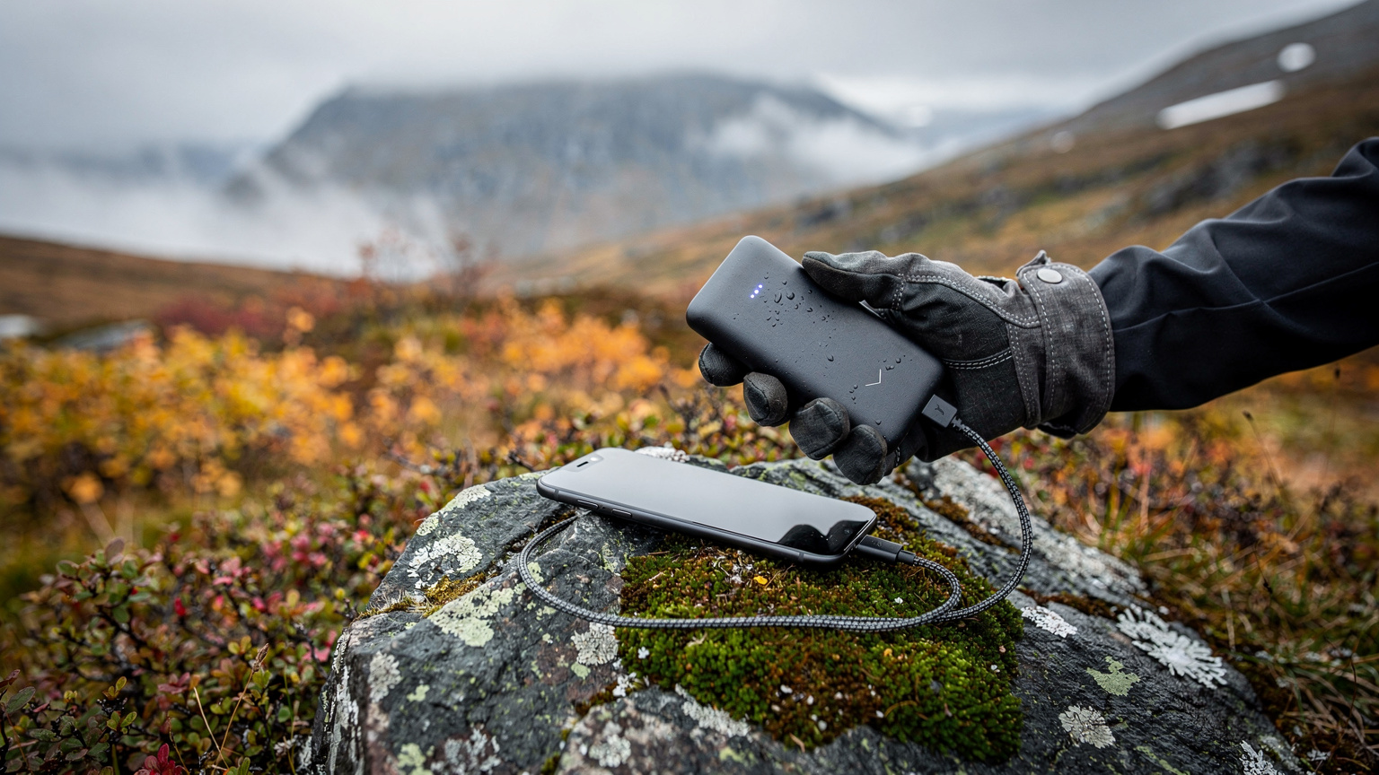 En reisende holder en powerbank som lader en smarttelefon, plassert på et steinete underlag i et høstlig fjellandskap, med disig tåke i bakgrunnen.