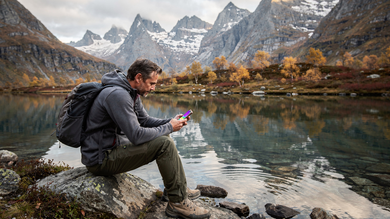 En turgåer sjekker dekningskart på telefonen sin mens han sitter på en rasteplass ved en fjellvannskant i Sunnmørsalpene.