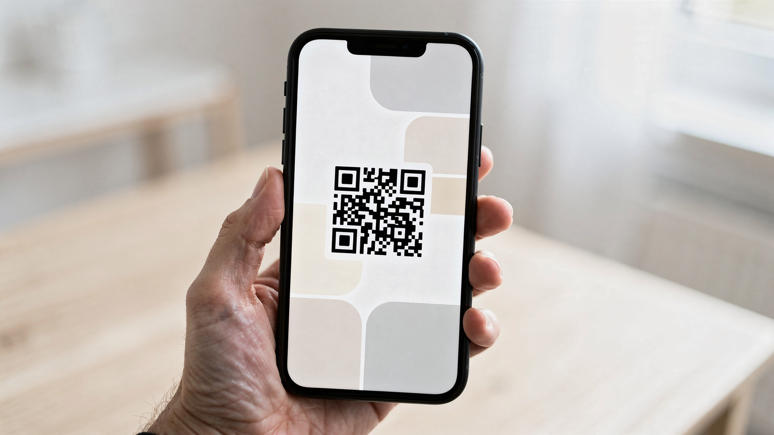 Nærbilde av en hånd som holder en smarttelefon som viser skjermbildet for eSIM-installasjon med en QR-kode, i et moderne og rent nordisk interiør.