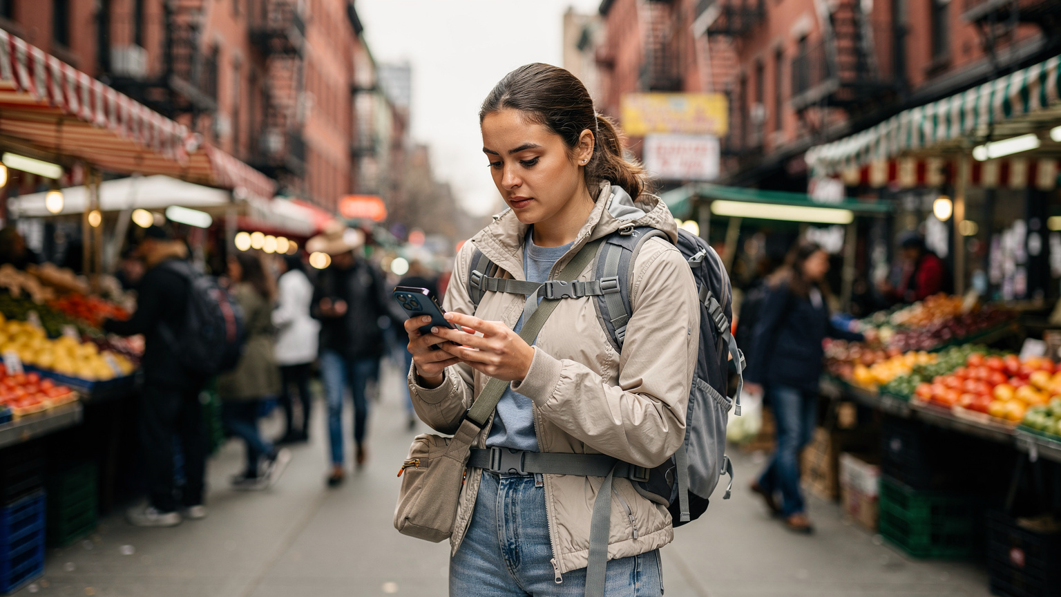 A traveler in a vibrant New York City market district, comparing eSIM data plans on her phone, ready for her next adventure.
