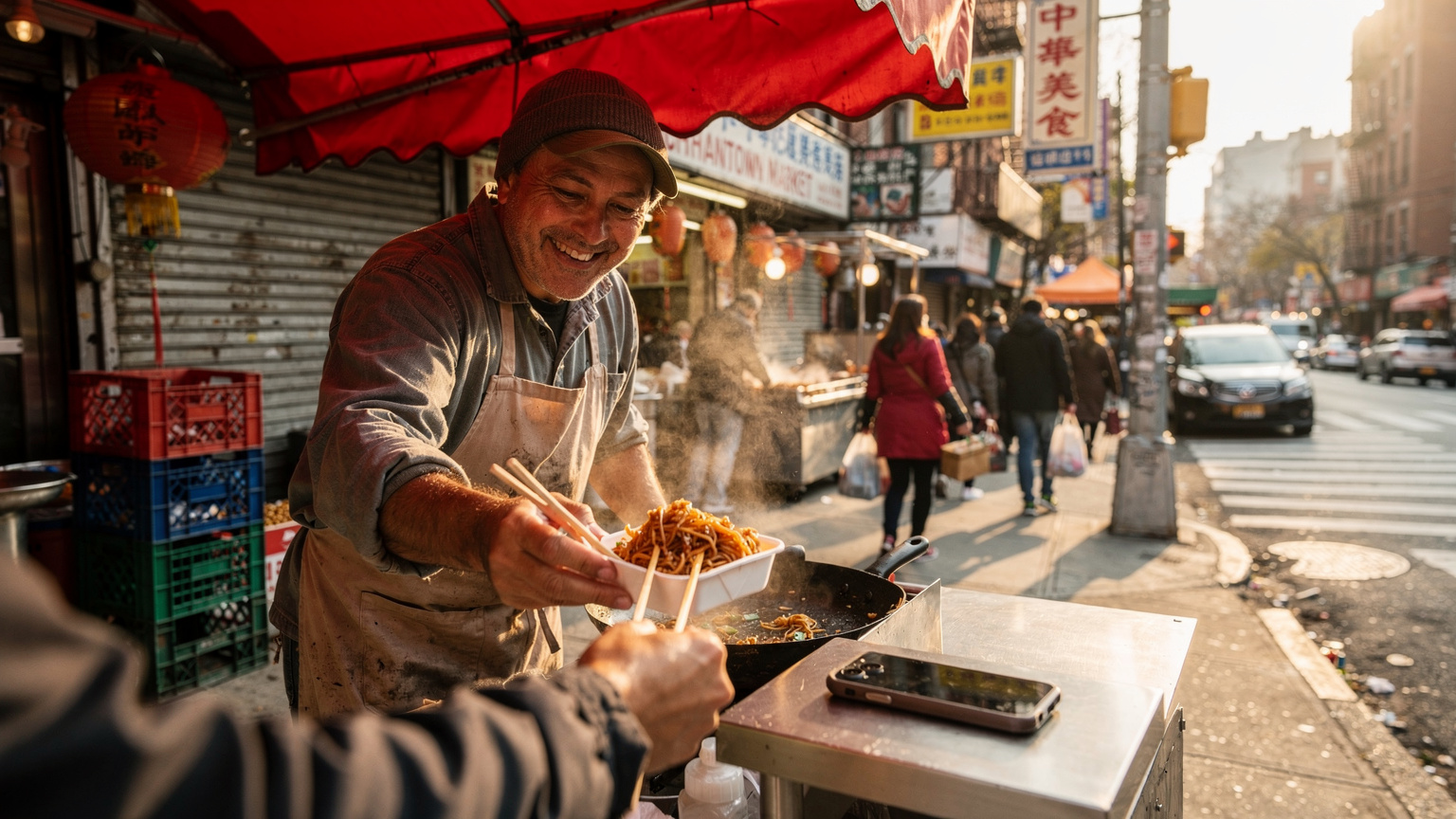 A street food vendor in New York City's Chinatown, a vibrant scene where a traveler might rely on an eSIM for payment or translation apps.