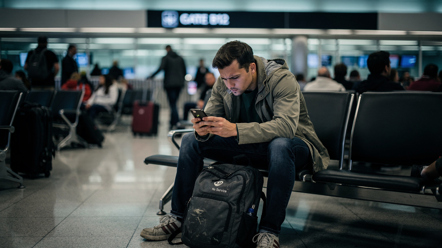 A frustrated traveler at a bustling airport gate in the USA, looking at their phone with a 'No Signal' error, highlighting the need for reliable eSIM data.