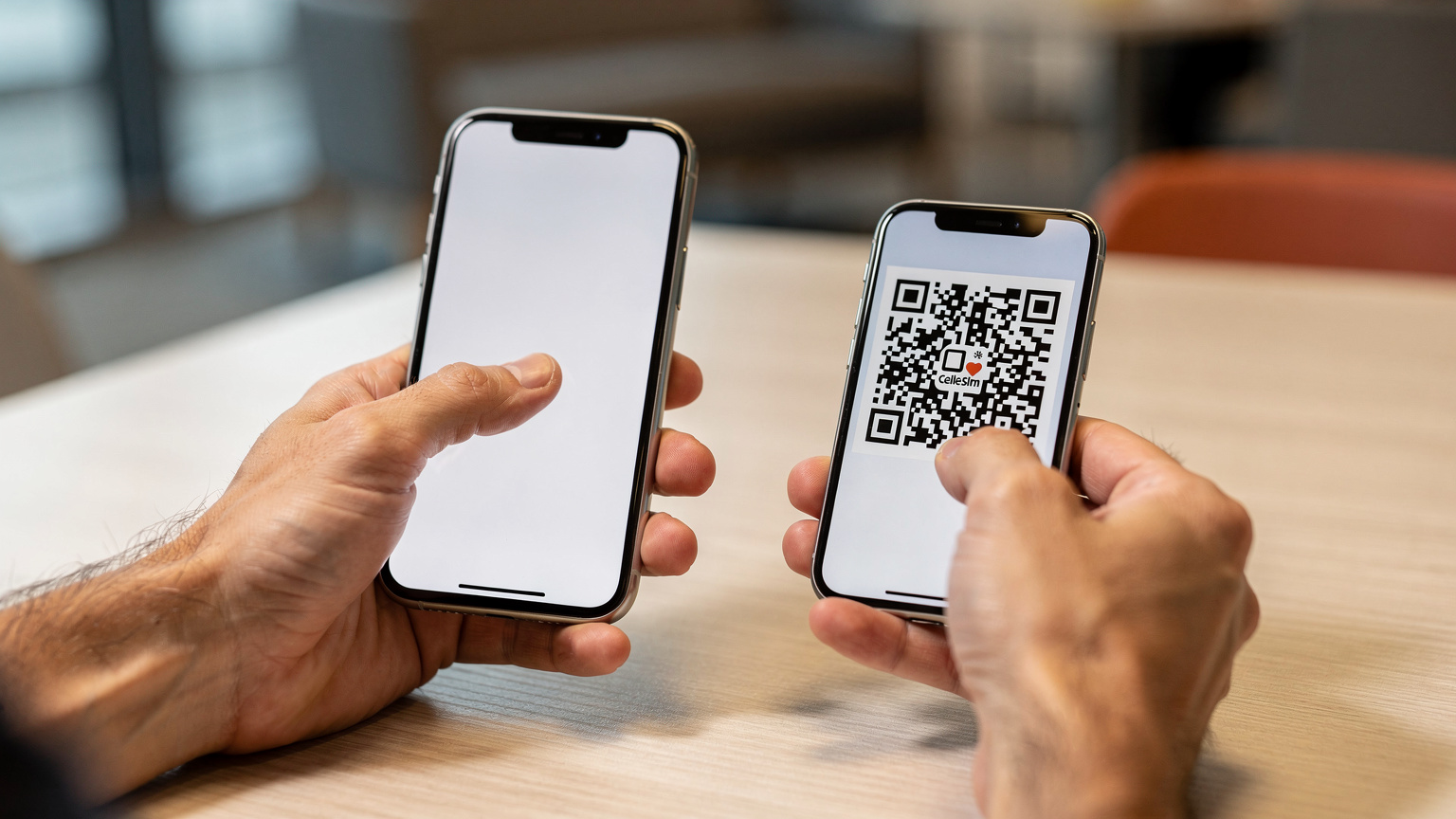 A close-up of a traveler's hands holding a smartphone, with a Cellesim eSIM QR code on the screen, indicating an easy activation process.