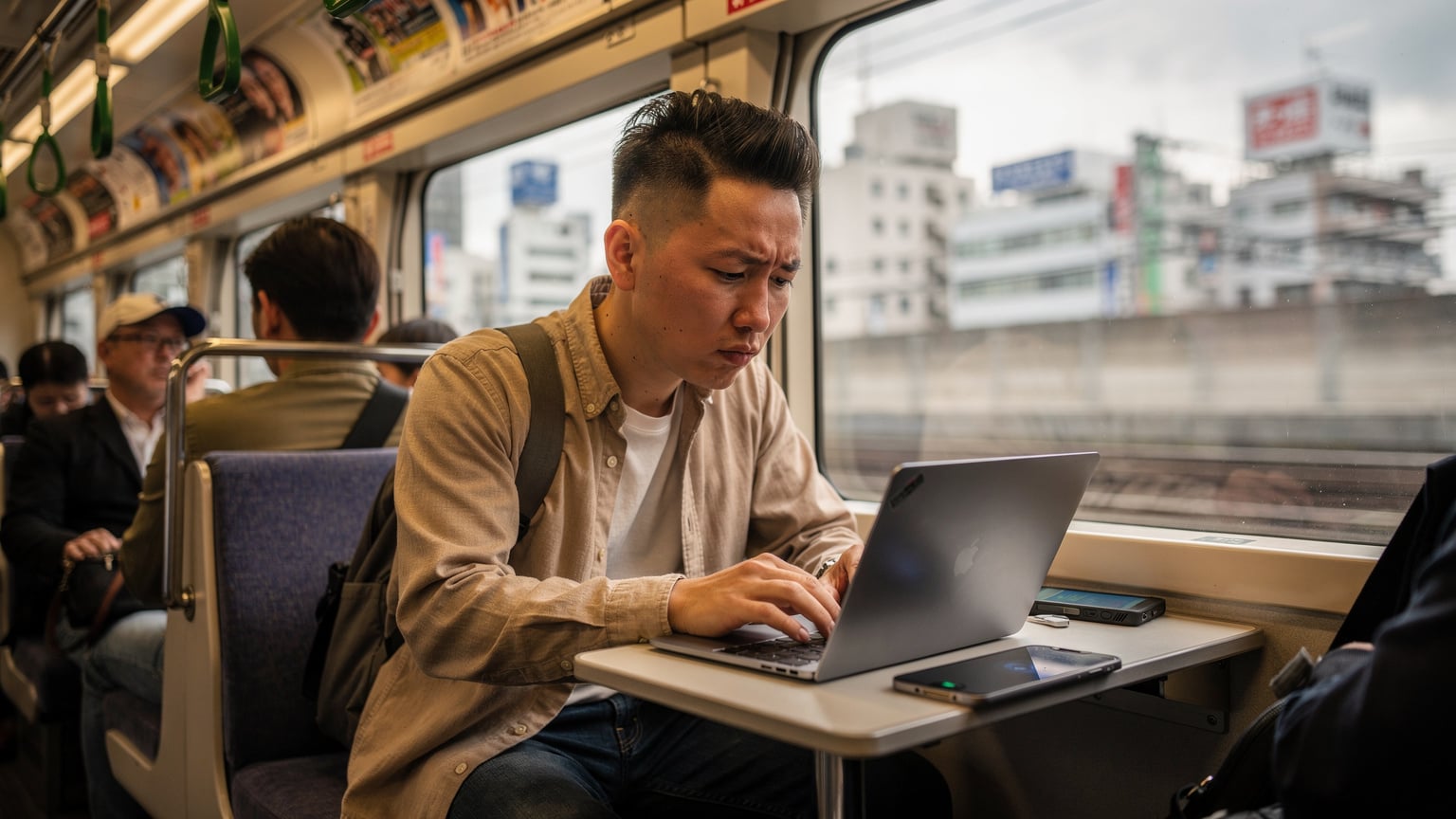 A person sitting at a small table inside a bustling train carriage on the Yamanote line in Tokyo, Japan, working on a laptop with a phone next to it, showing a network error message.