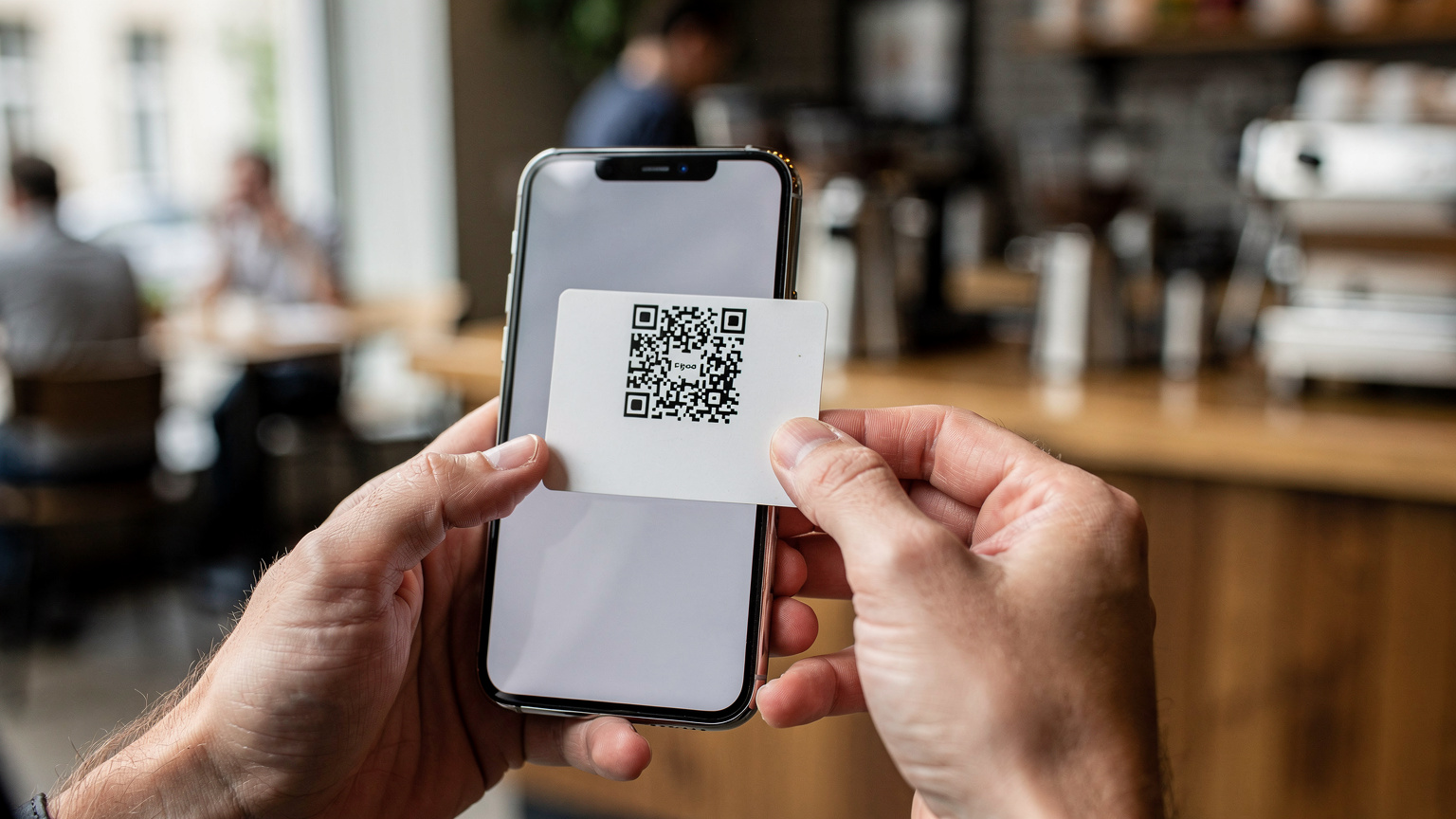 A close-up of a person's hands holding a smartphone, attempting to scan a QR code for eSIM activation, with a blurred background of a busy café in Berlin.