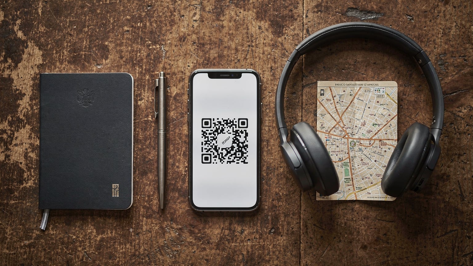 An editorial overhead flat-lay of travel essentials: passport, smartphone with an eSIM QR code partially visible, noise-canceling headphones, and a small, folded map of a European city, on a rustic wooden table.