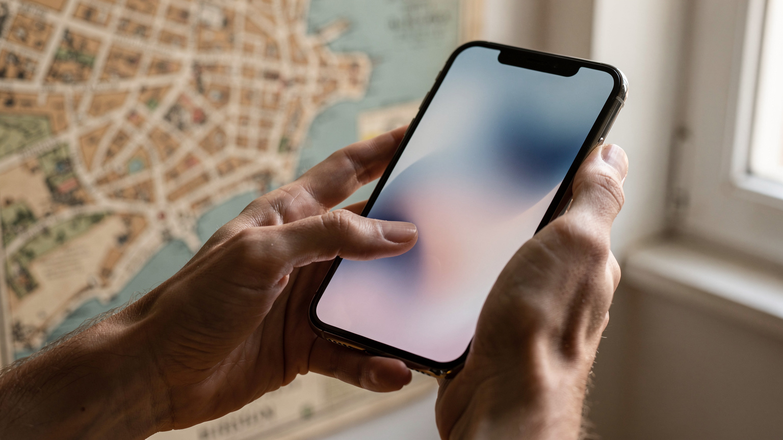 Close-up de mãos humanas segurando um smartphone, com os polegares deslizando pela tela de forma fluida, sugerindo a facilidade de navegação e ativação de um eSIM. Ao fundo, um mapa de Lisboa levemente desfocado.