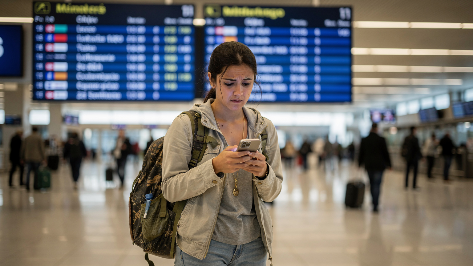 Uma mulher com uma mochila, olhando para o painel de chegadas de voos no Aeroporto Humberto Delgado em Lisboa, com uma expressão de leve preocupação no rosto enquanto confere o smartphone.