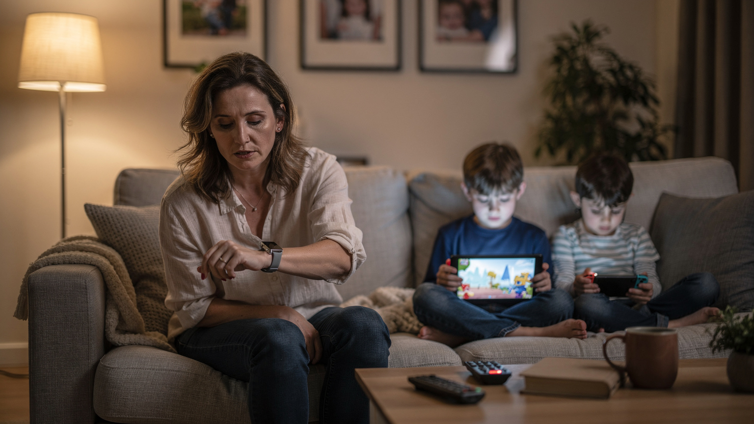 En mor tjekker sit Apple Watch for notifikationer, mens hendes børn er dybt begravet i spil på en tablet og en Nintendo Switch i baggrunden.