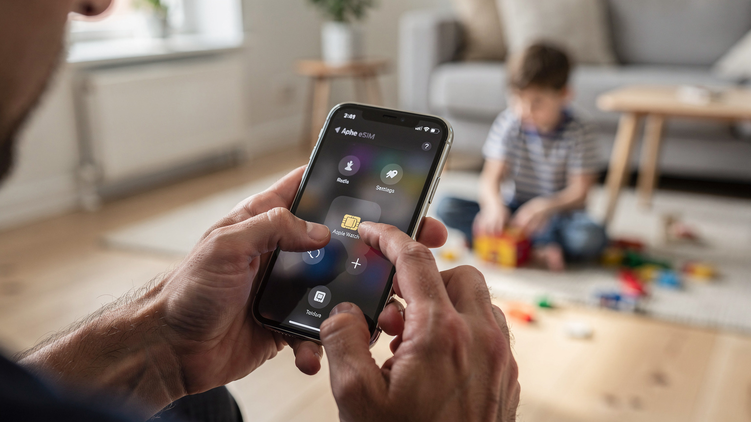 En forælder navigerer i indstillingerne på en iPhone for at aktivere eSIM til et Apple Watch, med et barn, der leger i baggrunden.