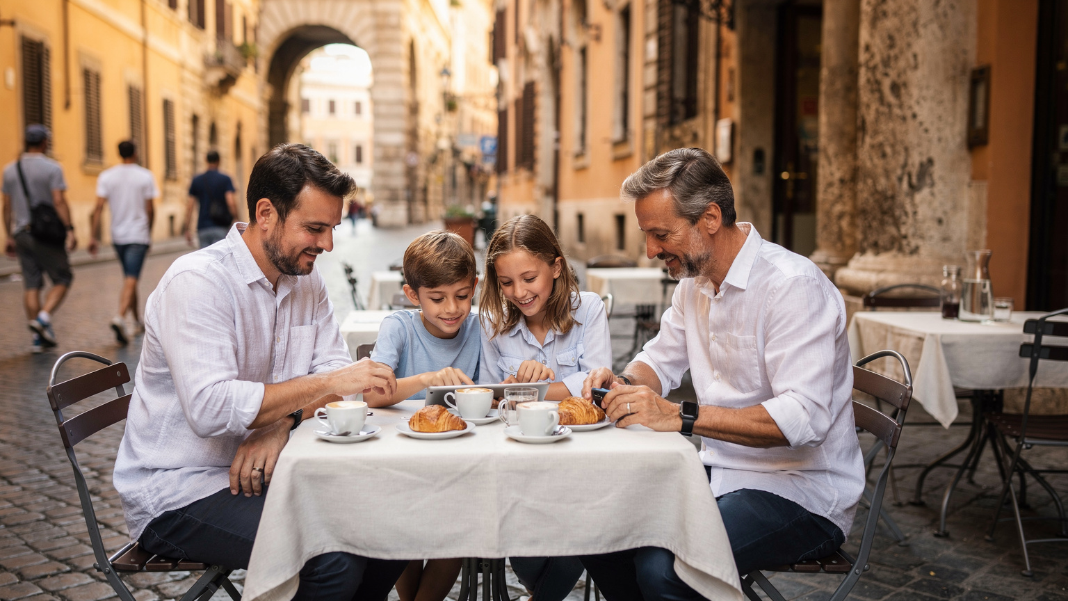 En familie sidder på en café i Rom, hvor forældrene tjekker deres Apple Watches og iPhones, mens børnene er optaget af et spil på en tablet.