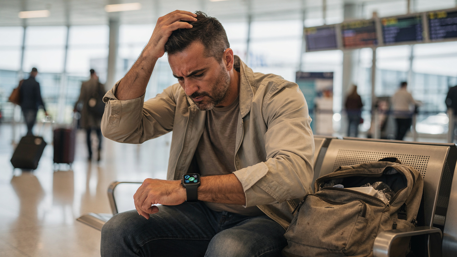 En far stirrer frustreret på sit Apple Watch, der viser en fejlmeddelelse, mens han sidder på en bænk i en lufthavn med en pakket rygsæk ved siden af.