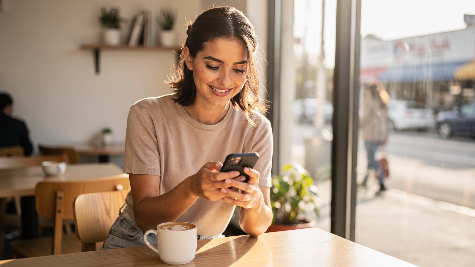 Mladá žena, sedící v moderní, světlé kavárně v Los Angeles, spokojeně pije kávu a aktivuje eSIM na svém telefonu, s rozostřeným pozadím rušné ulice.