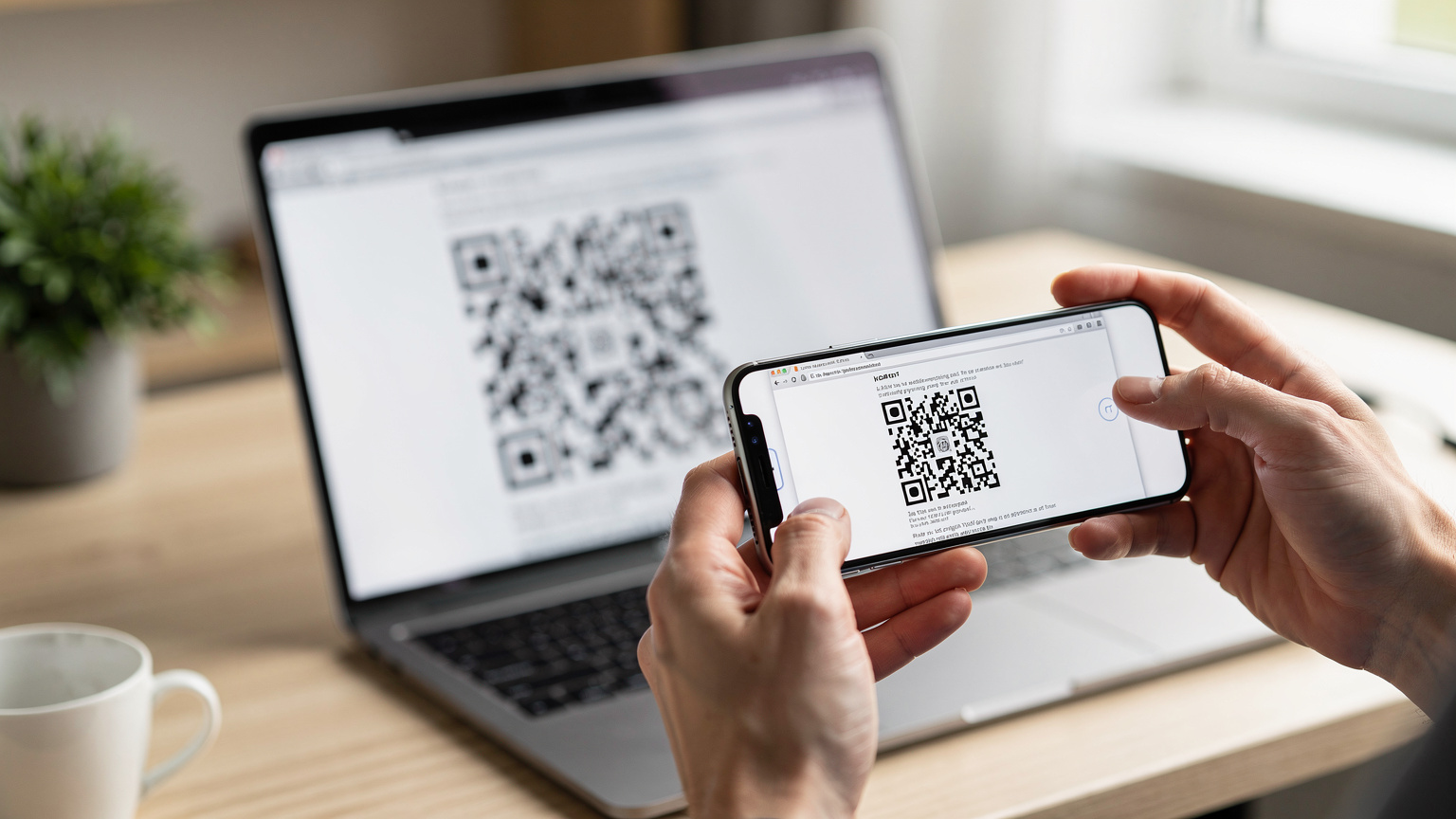 Close-up van handen die een QR-code scannen van een e-mail op een laptop naar een smartphone.