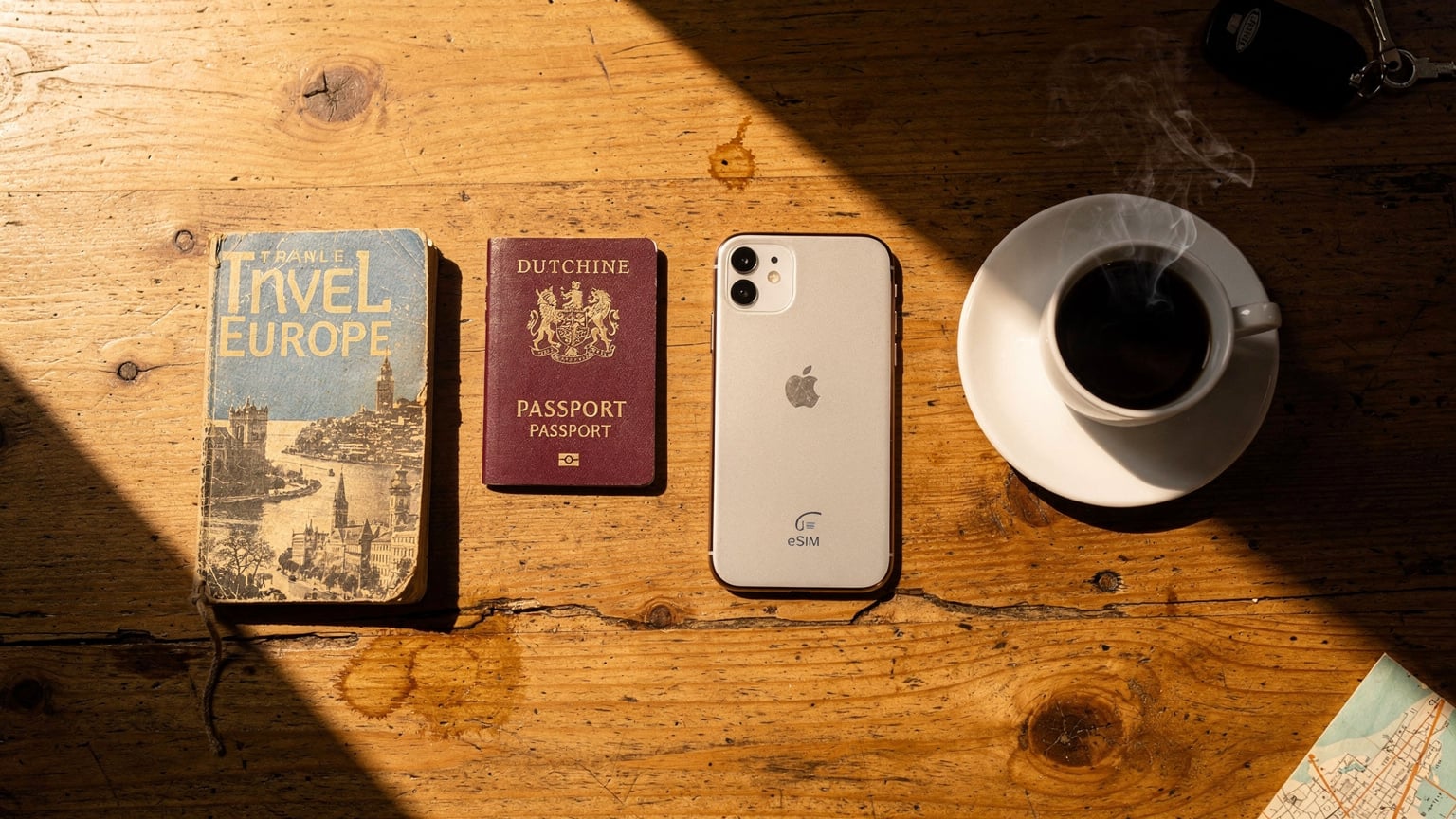Een bovenaanzicht van een paspoort, smartphone met eSIM-logo, reisgids en koffie op een houten tafel, klaar voor een reis.
