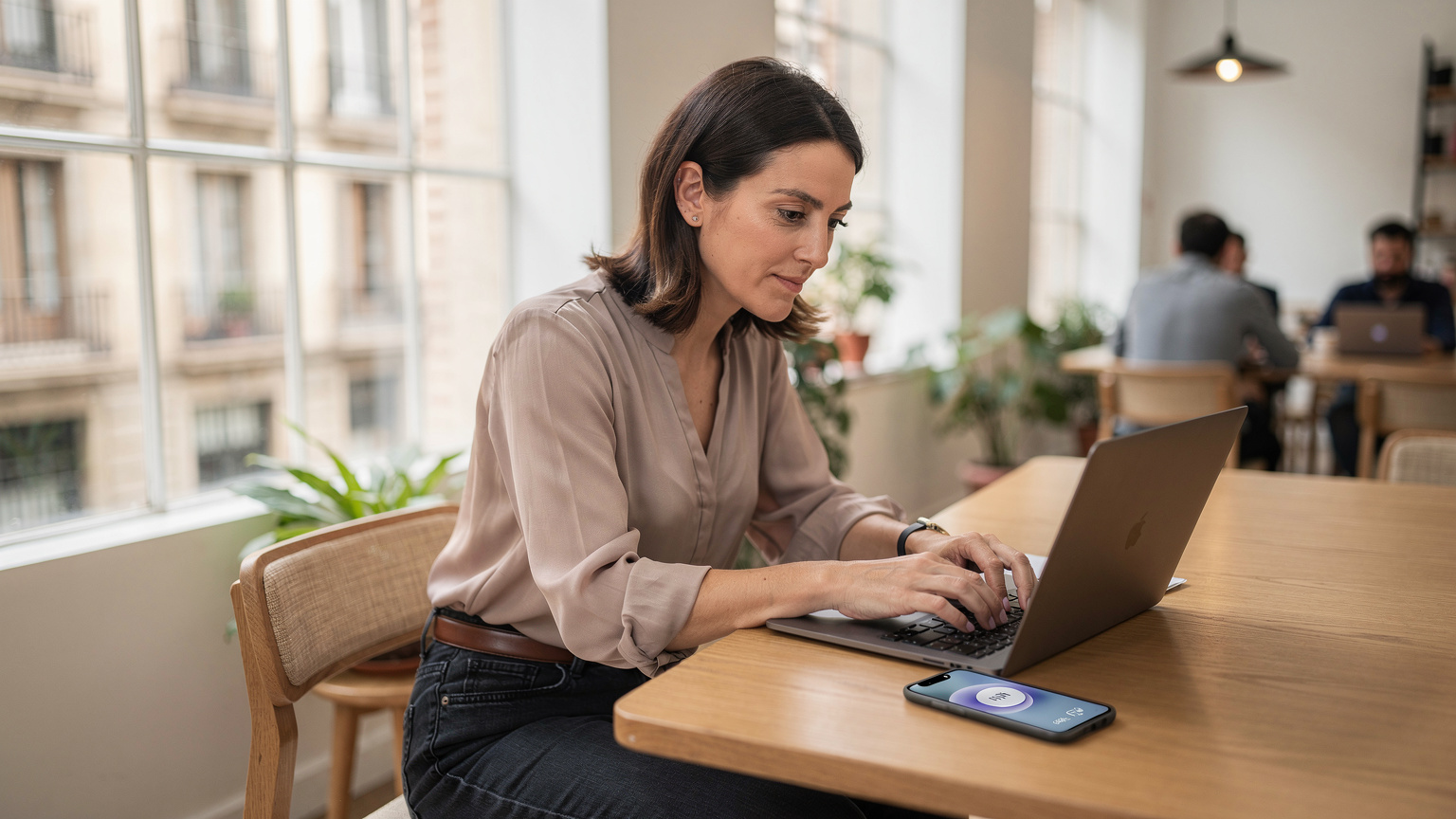 Een vrouw met een laptop en smartphone werkt in een stijlvol co-working café in Barcelona.