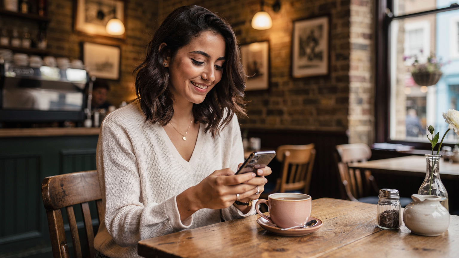 Una viajera española revisa su móvil con una sonrisa, sentada en la mesa de un café tradicional en el barrio de Notting Hill, Londres, con su eSIM ya configurada y funcionando.
