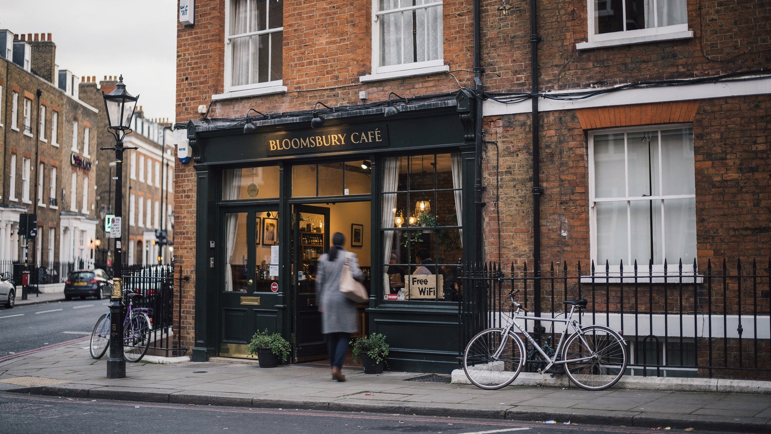 Un café tradicional en el barrio de Bloomsbury en Londres, con un cartel de 'Free WiFi' apenas visible en la ventana, evocando la búsqueda de conexión.