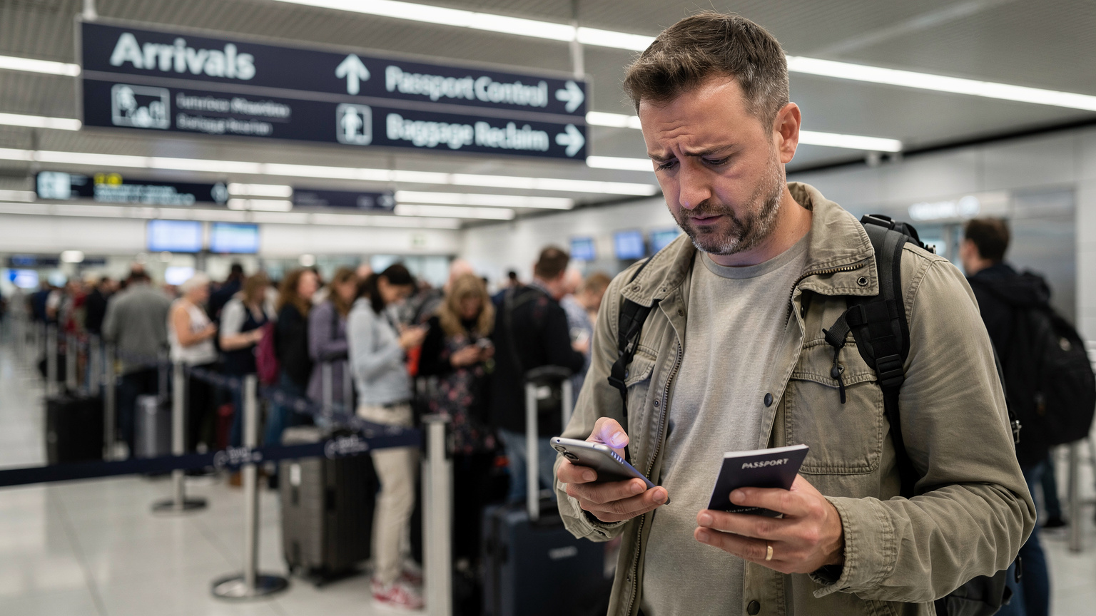 Un turista con expresión de frustración mira su móvil, mientras espera en una larga cola en el área de llegadas del aeropuerto de Heathrow, sugiriendo problemas de conexión o roaming.