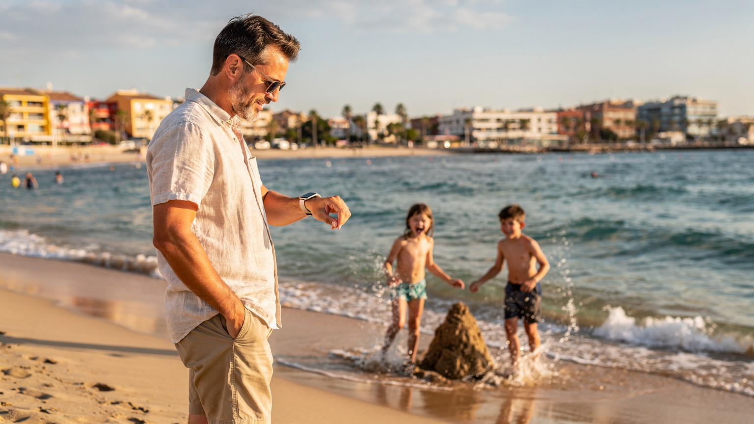 Ein Vater nutzt seine Apple Watch, um eine Nachricht zu senden, während er am Strand von Alicante, Spanien, steht und seine Kinder im Hintergrund spielen.