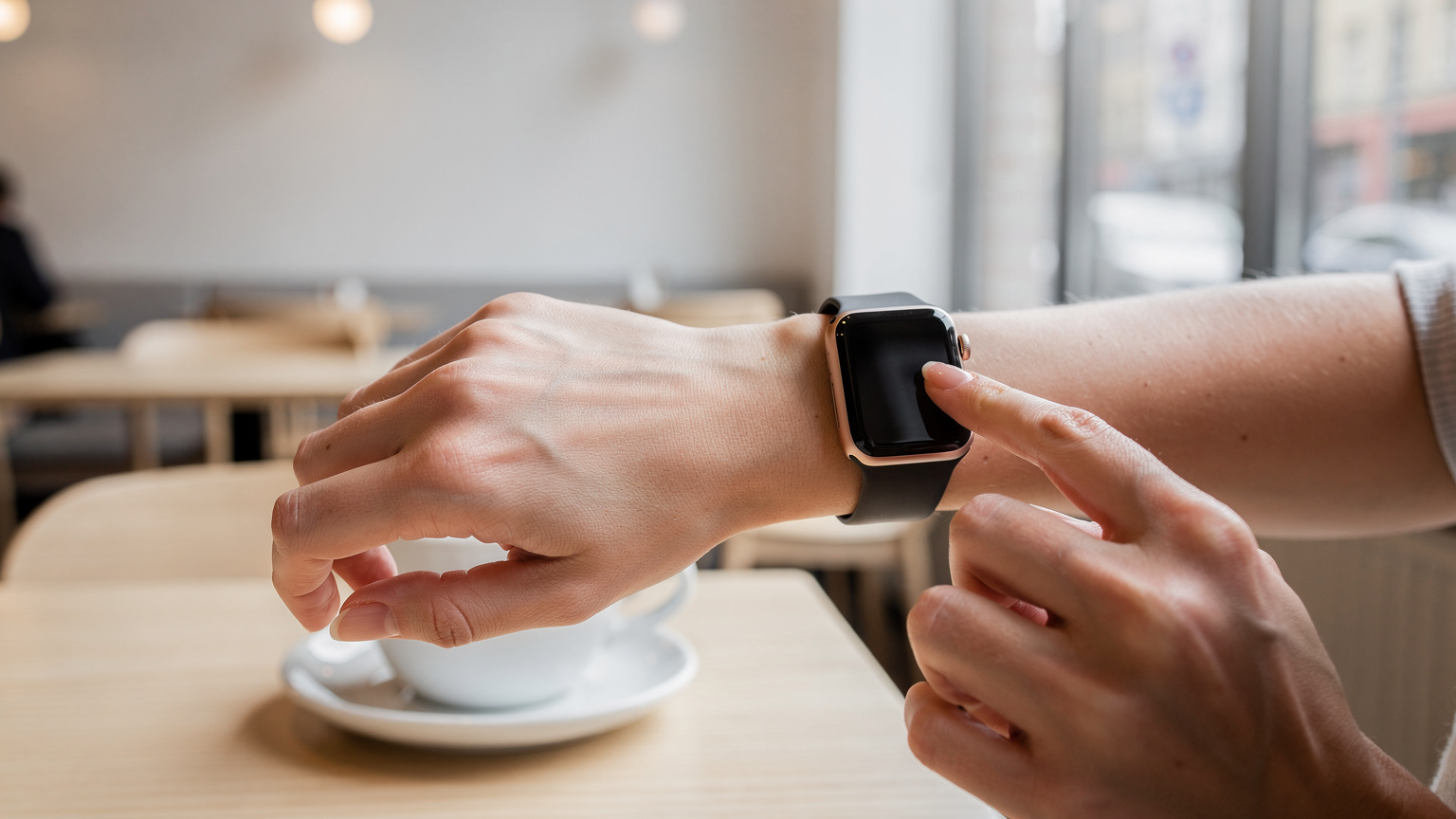 Ein Detailbild einer Apple Watch Series 8 Cellular am Handgelenk einer Frau, die ihre Kompatibilität prüft, während sie in einem hellen, modernen Café sitzt.