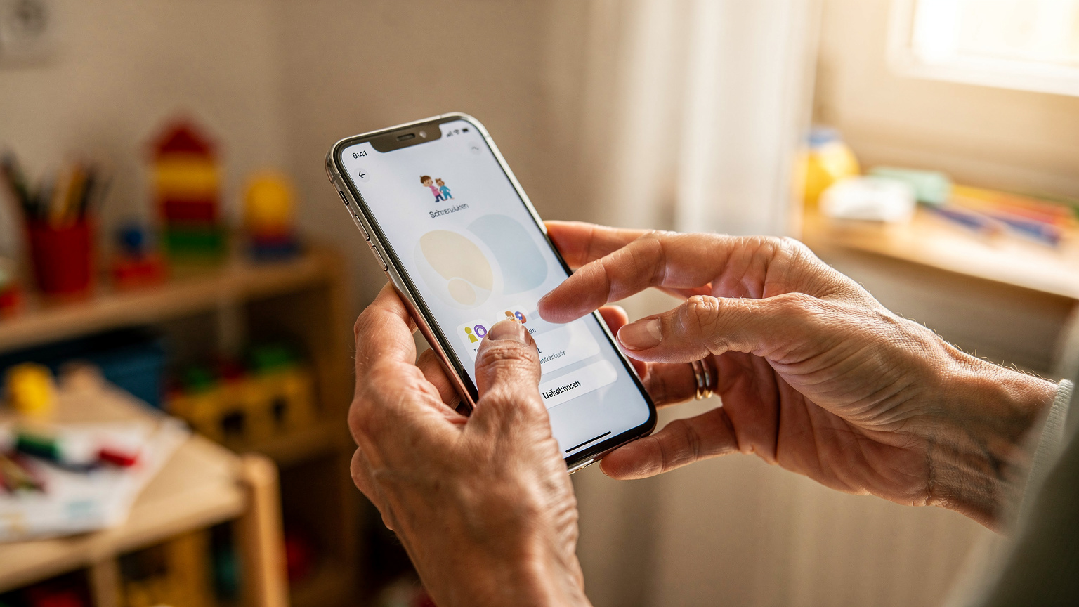 Eine Nahaufnahme der Hände einer Mutter, die auf ihrem iPhone die Familienkonfiguration für die Apple Watch ihres Kindes einrichtet, im Hintergrund ist ein Kinderzimmer zu sehen.