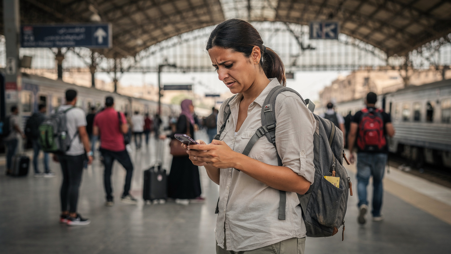 A traveler looks concerned at her phone screen while waiting for a train at Ramses Station in Cairo, symbolizing a common travel connectivity challenge.