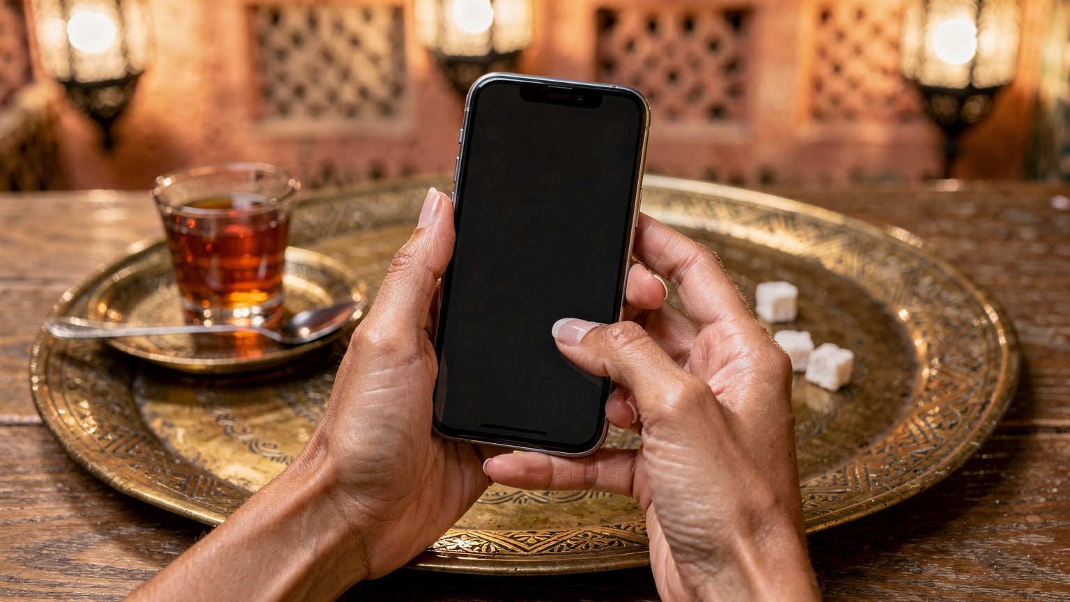 Close-up of hands holding a smartphone, showcasing the ease of digital activation in a bustling cafe in Cairo, where traditional tea is served.
