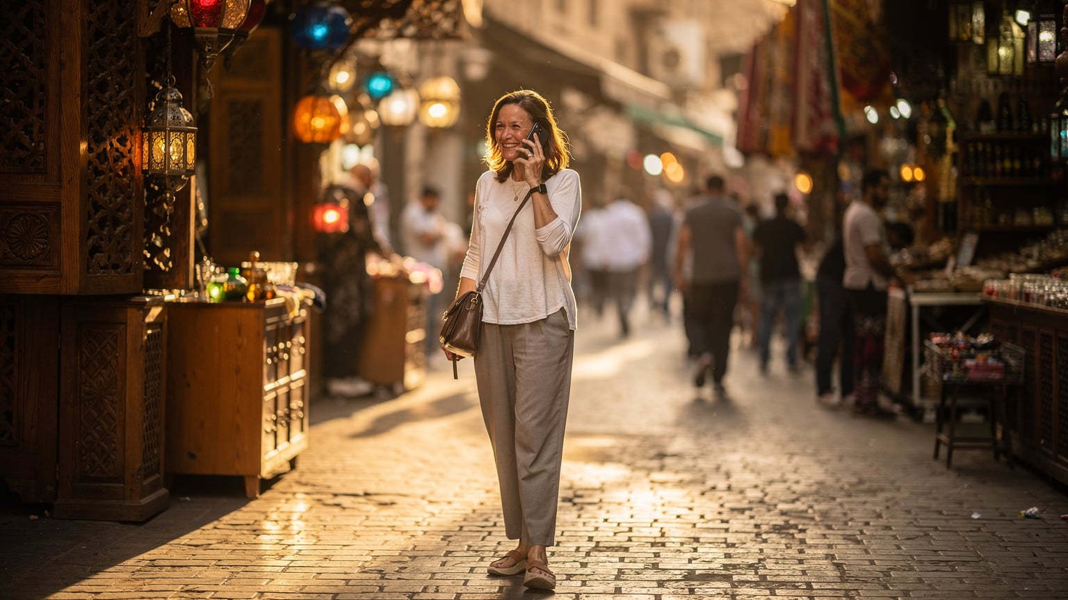 A woman confidently uses her smartphone to make a call, standing on a bustling street in the Khan el-Khalili market in Cairo, Egypt, with vibrant stalls and historic architecture in the background.