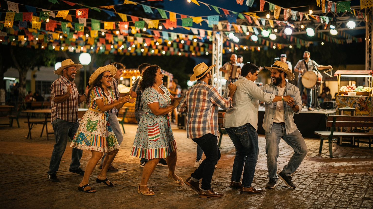 Um grupo de amigos brasileiros, sorridentes e animados, dançando forró em uma praça decorada para as festas juninas, com luzes pisca-pisca, bandeirinhas coloridas e uma banda tocando ao fundo.