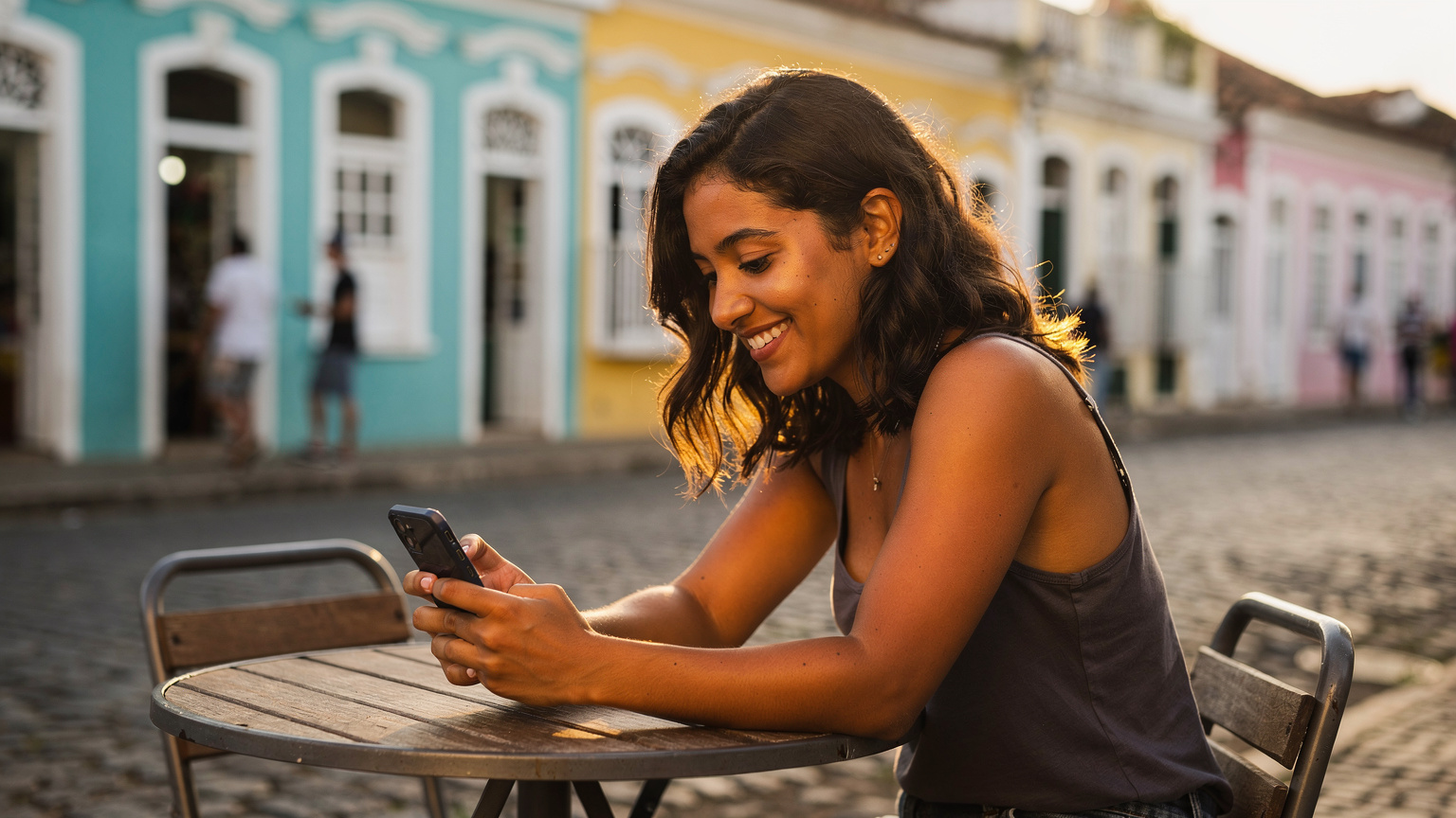 Uma mulher jovem e sorridente, sentada em uma mesa de café na Praça da Sé, em Salvador, Bahia, com edifícios coloniais coloridos ao fundo. Ela está usando um smartphone.