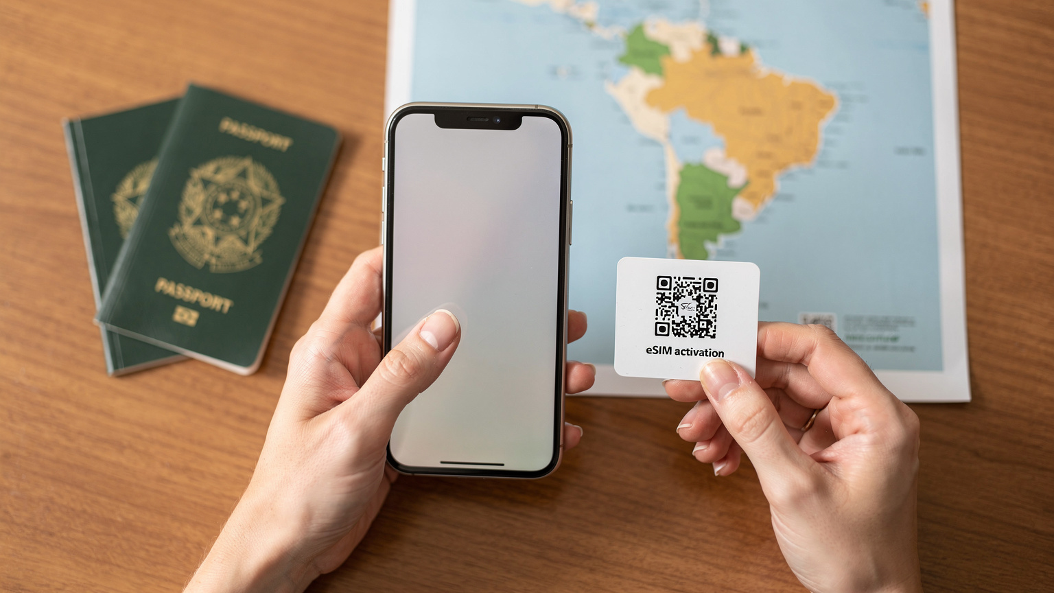 Mãos de uma pessoa segurando um smartphone, com o polegar tocando a tela enquanto ela escaneia um QR code de ativação de eSIM impresso em um pequeno cartão. Ao fundo, um passaporte e um mapa estilizado da América do Sul.
