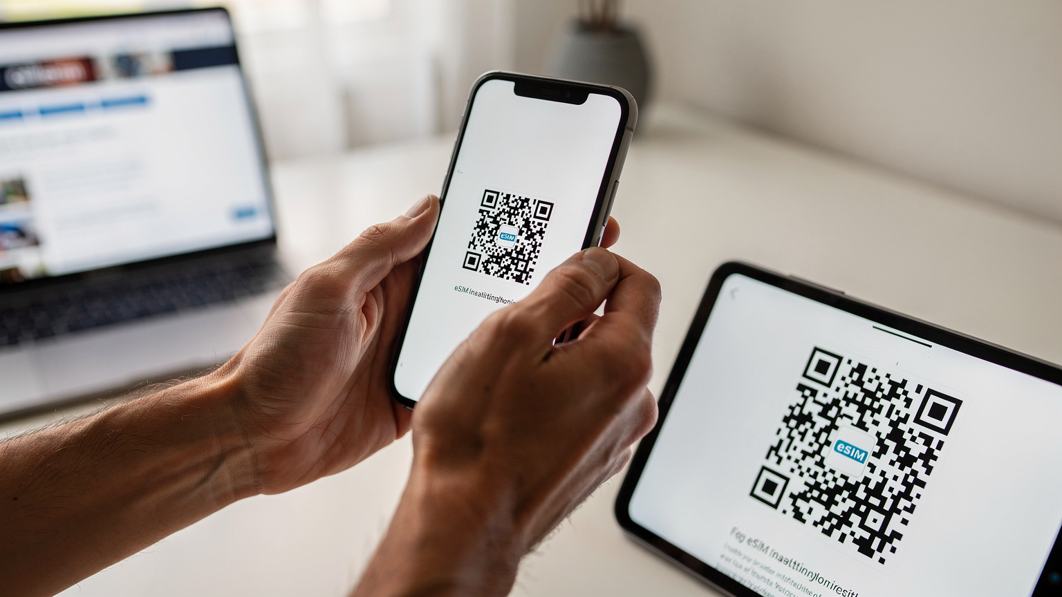 Close-up van handen die een QR-code scannen met een smartphone om een eSIM te installeren. Op de achtergrond is vaag een laptop te zien met de Cellesim-website geopend, wat de digitale installatie benadrukt.