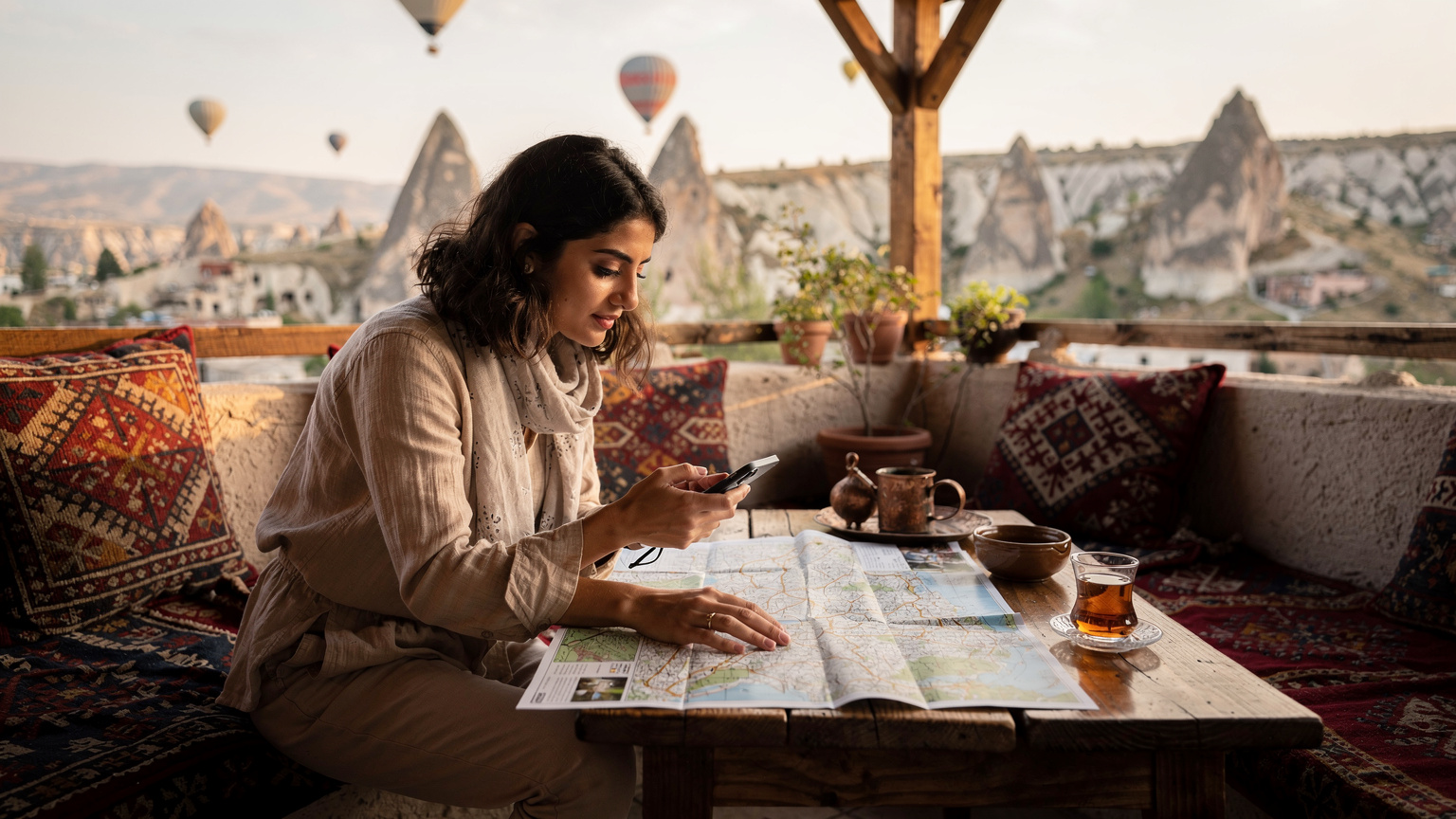 Een jonge vrouw met een iPhone in haar hand, gebogen over een papieren kaart van Cappadocië, zittend op een traditioneel Turks terras. Op de achtergrond zijn de iconische 'fairy chimney' rotsformaties te zien.